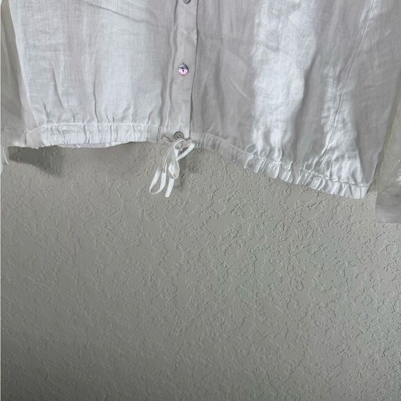 J. Jill White Linen Button Front Lace Sleeves Drawstring Waist Blouse Size M - Picture 6 of 11